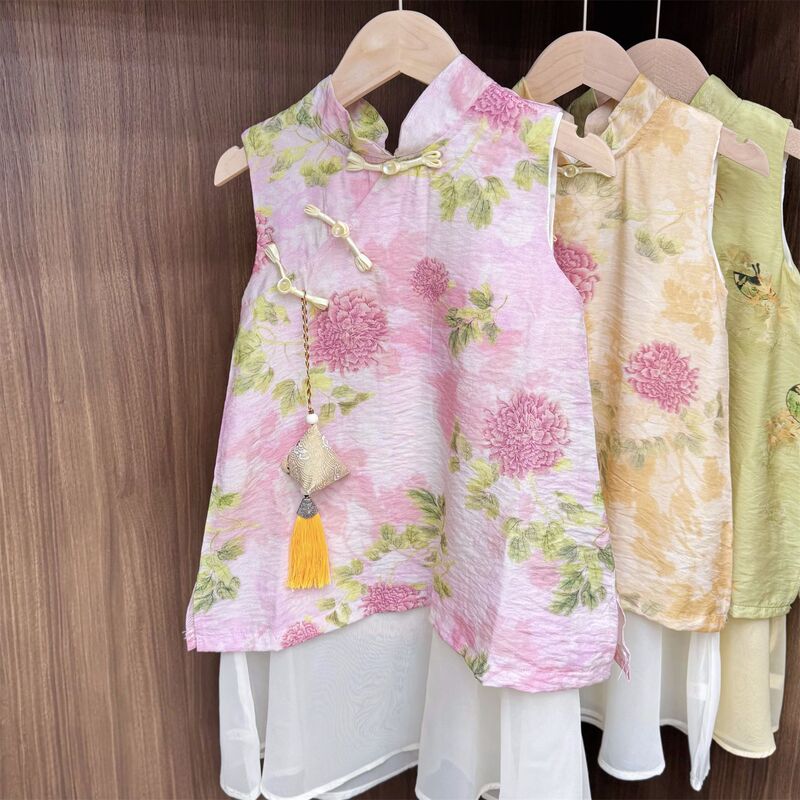 女の子の新しい中国風の古代スタイルのチャイナドレス 2025 夏服子供の偽ツーピースベスト漢服スカートと香りの袋|undefined
