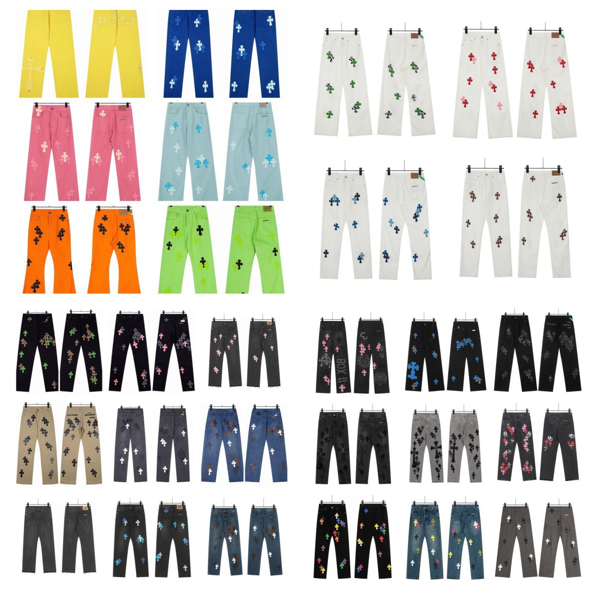 Foreign Trade Correct Version Ch Crowe Cross Leather Embroidered Washed Jeans Couple Loose Denim Wholesale
