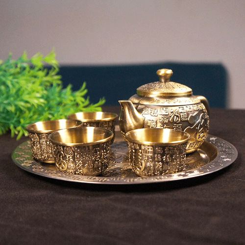 Baifu tea set green antique retro tea set ornaments teapot tray set cup teapot metal crafts