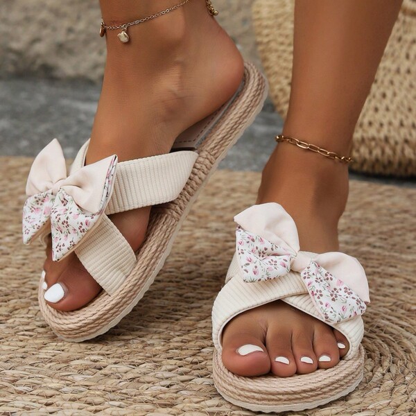 Summer solid color fashionable trend beige slippers with bow