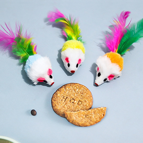 Manufacturer's original plush mouse, simulated plush, colorful feather, cat teaser small mouse pet supplies self-entertaining cat toy