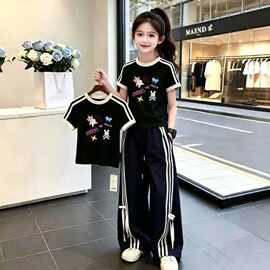 女童夏装套装2026新款童装儿童运动阔腿裤独特漂亮短袖两件套大童