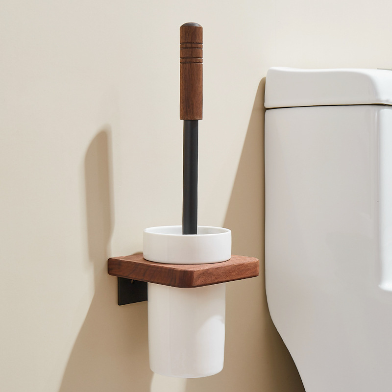Walnut Household Wall-Mounted Toilet Brush with No Dead Ends, Nail-Free and Punch-Free Dual-Use Bathroom Toilet Storage Rack