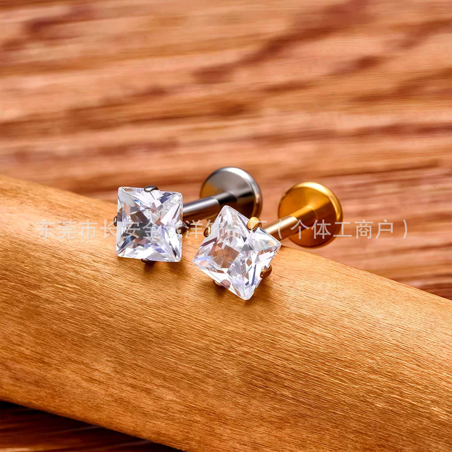 F136 Titanium Four-Claw Inlaid 5A Square Zircon Nose Nail Earrings Ear Bone Nail G23 Titanium Alloy Body Piercing Jewelry detail image 7