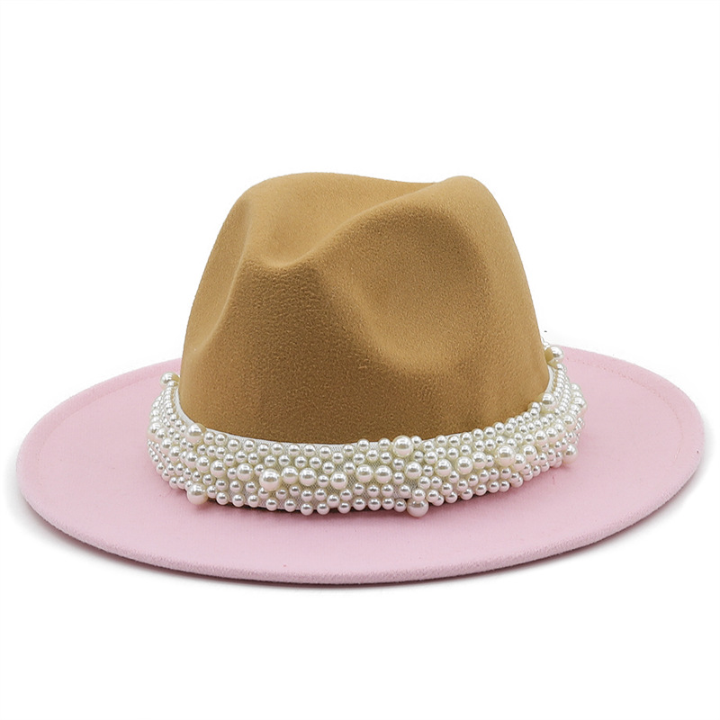 Autumn And Winter New Two-color Woolen Top Hat Pearl Ribbon Accessories Double-sided Color Matching Jazz Hat display picture 3