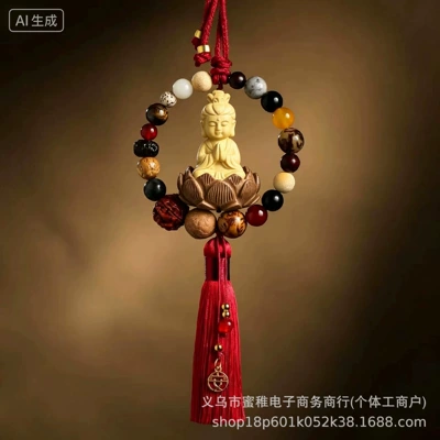 Carved Boxwood Car Rearview: Car hanging - guanyin-pendant-red-tassel