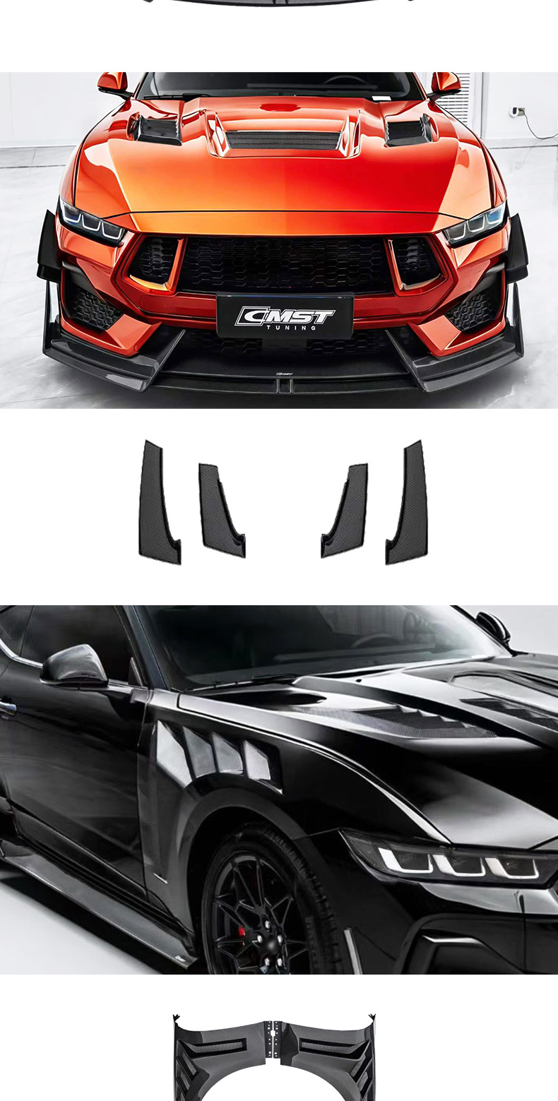 Suitable for Ford Mustang modifications: CMST carbon fiber front splitter, rear lip, side skirts, wind deflectors, hood, and fender flares