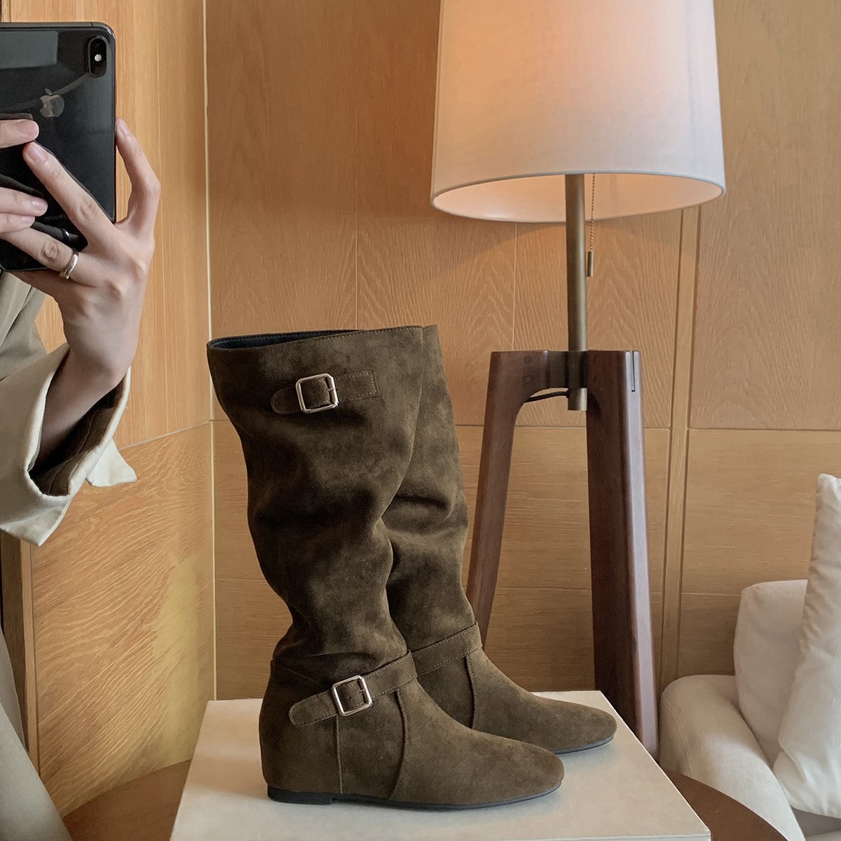 葡萄妈同款现货~增高5cm韩系时髦堆堆长筒靴宽筒平底中筒靴女秋冬