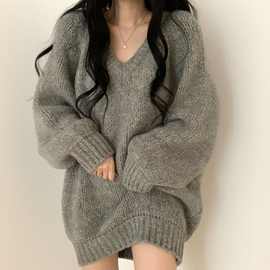 大码复古慵懒风V领软糯毛衣针织衫女春胖mm韩版宽松中长款上衣