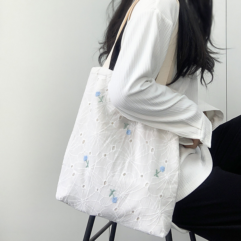 Chinese Style Embroidered Canvas Women's Bag Small Fresh Style Artistic Flower College Student Single Shoulder Handbag Large Capacity Hand Bracket