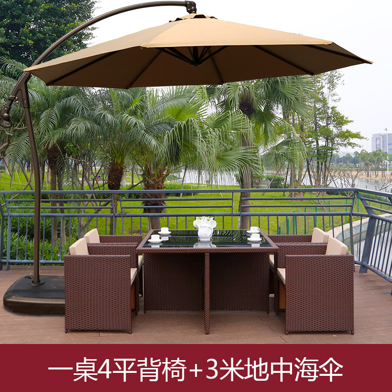 Mesa y silla al aire libre Villa patio jardín ocio silla de caña combinación impermeable al aire libre tabla de té de caña con paraguas