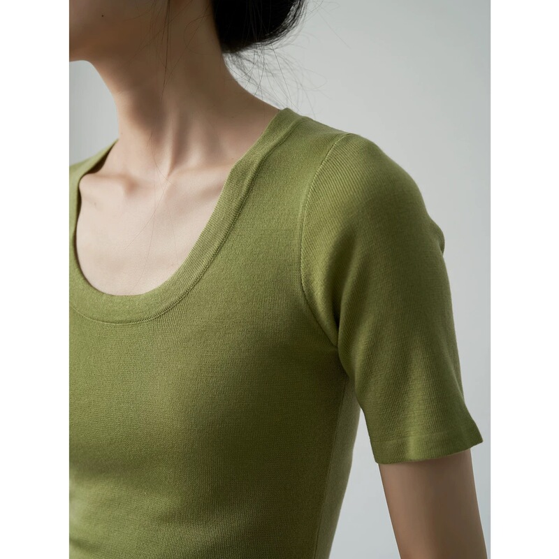 SS STUDIO Mulberry Silk U-Collar Spring Summer Slim-Fit Slimming Short-Sleeved Cool Knitted Shirt Thin Top Women's Summer