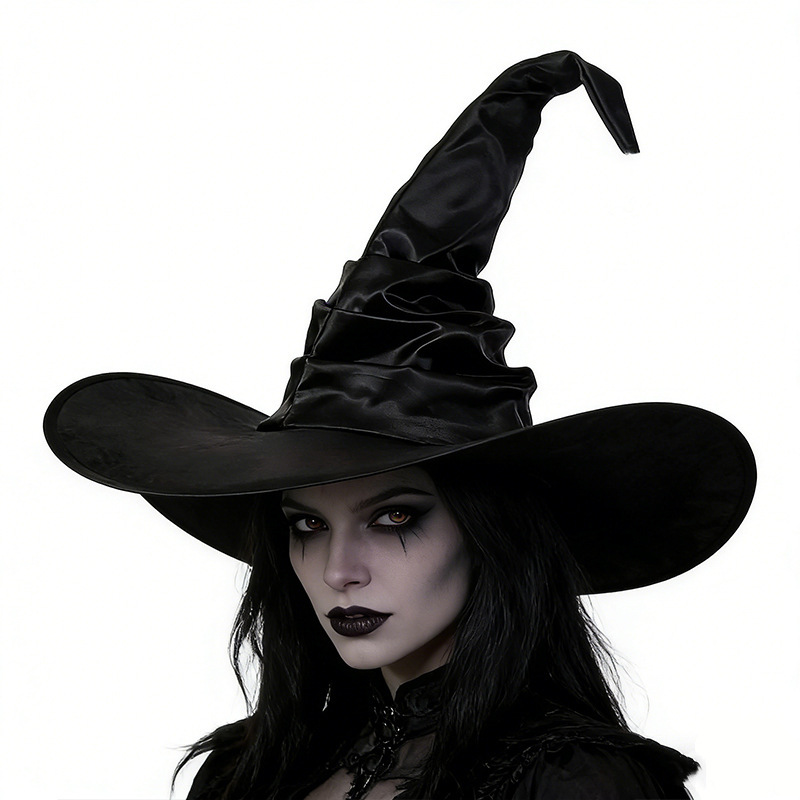 Cross-Border Halloween Black Pleated Mesh Witch Hat Party Witch Hat Cos Props Magician Hat