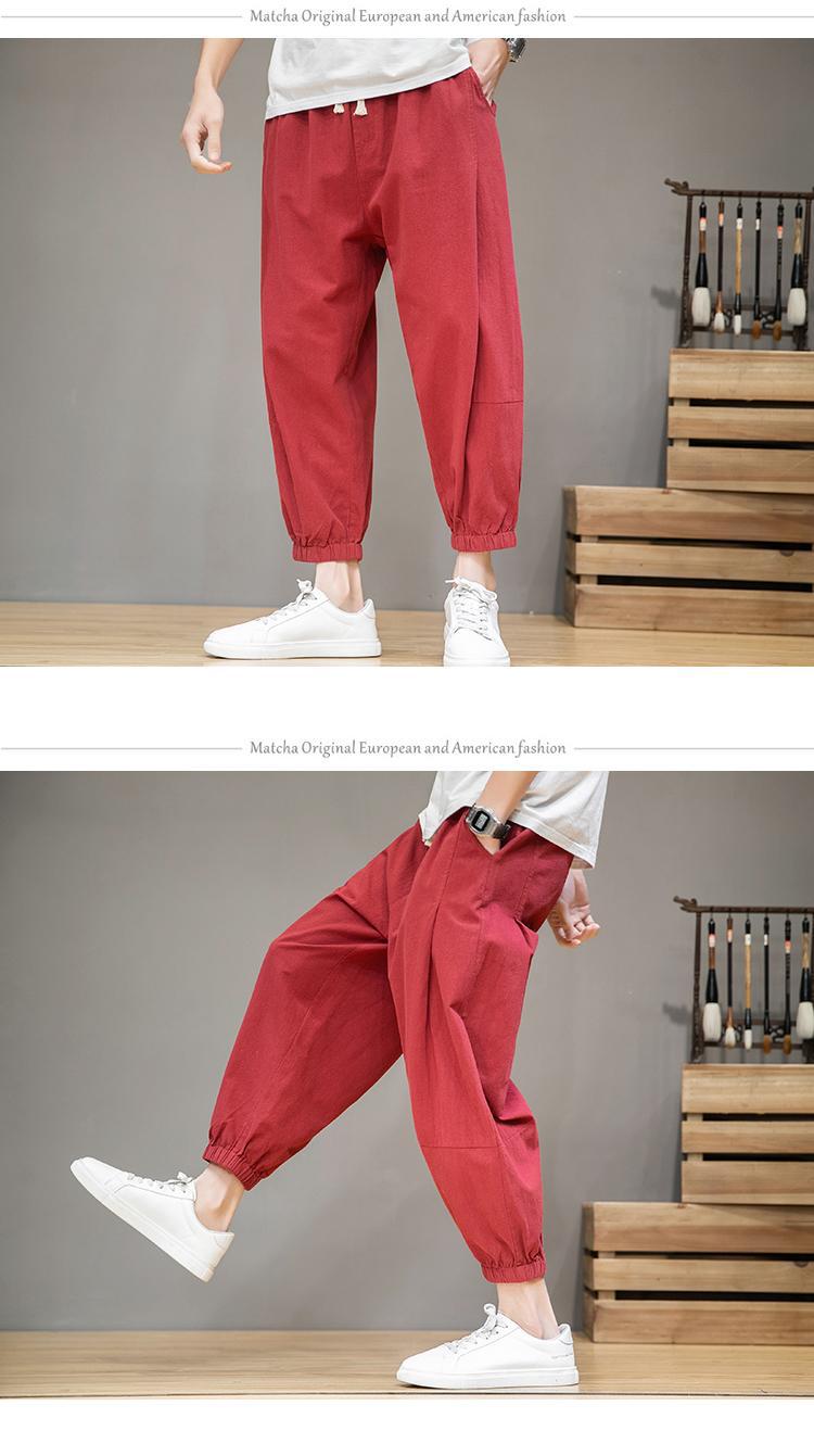 Pantalon lanterne en coton et lin de sport d'été à sept points, pantalon ample à la cheville Haren pour hommes_voghion.com
