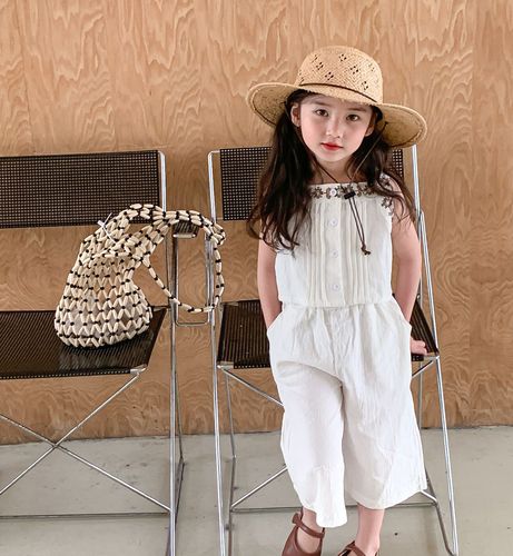 Girls suit embroidered short cotton vest and wide leg pants 24 summer clothes new foreign trade children's clothing drop shipping 3-8 years old