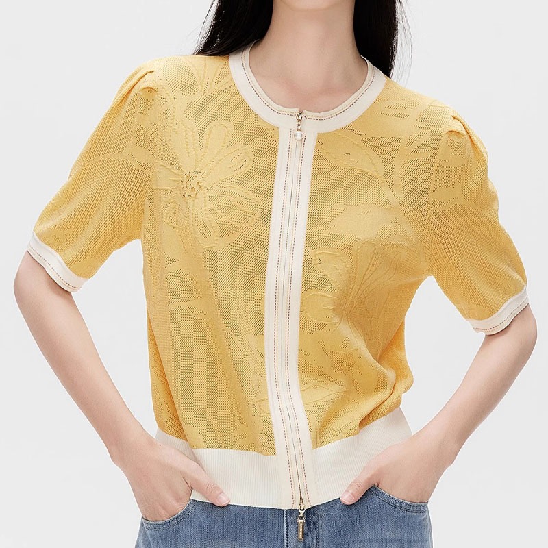 [Shopping Mall Same Style] Summer New Lace Texture Short-sleeved Sweater Lace Hollow Summer Short-sleeved Sweater