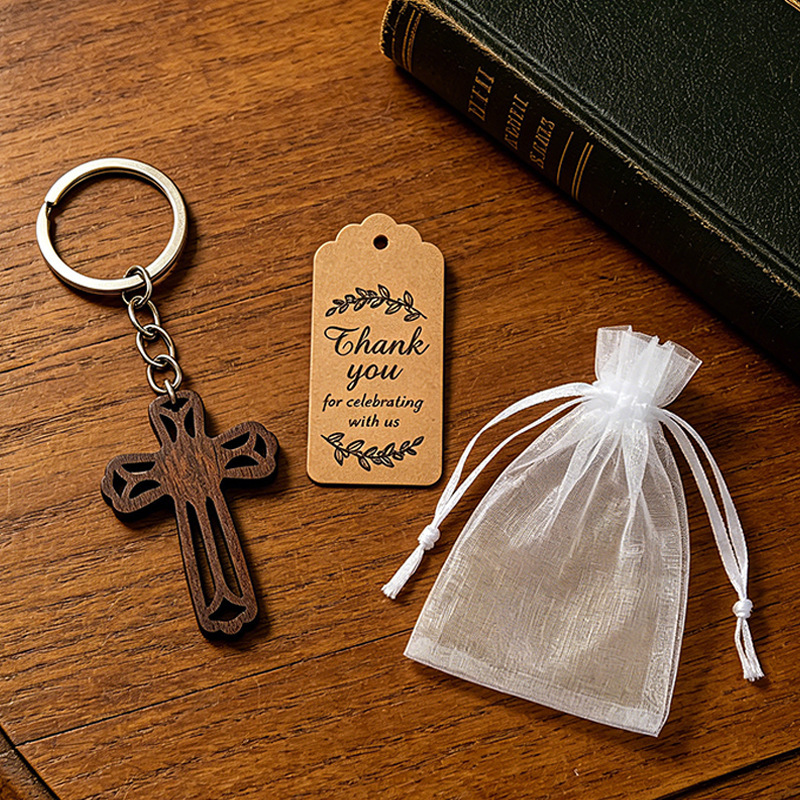 Cross-Border Amazon Hot-Selling Wooden Cross Keychain Baptism Party Party Gift for Men and Women