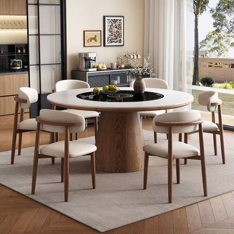 High-End Wooden Dining Table and Chairs with a Rock Slab Top, Simple and Luxurious Solid Wood Round Table for Home Use, Multifunctional Hot Pot Table with Built-In Warming Plate High-End Wooden Dining Table and Chairs with a Rock Slab Top, Simple and Luxurious Solid Wood Round Table for Home Use, Multifunctional Hot Pot Table with Built-In Warming Plate
