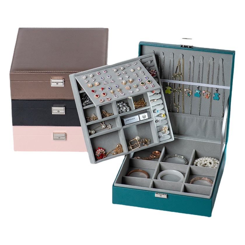 Caja de joyería caja de joyería grande caja de almacenamiento de joyas caja de joyería de doble capa con pendientes de bloqueo anillo collar acabado