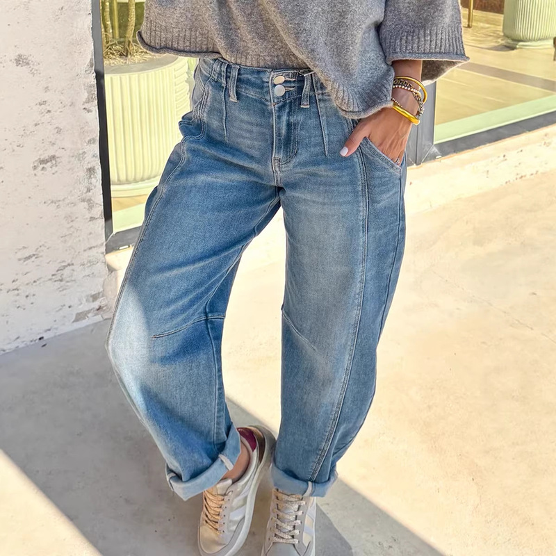 2026 Spring New Solid Color Rolled Hem Jeans for Women, European and American Style with Unique Design and Pockets, Loose Fit Long Pants for Women