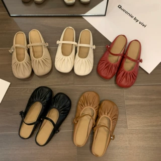 Jin xing qi 平底一脚蹬气质包头半拖鞋女鞋子外穿软底红色半包拖