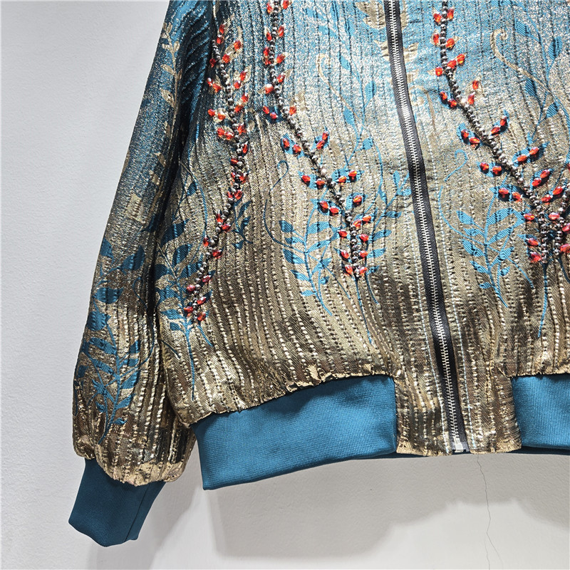Chaqueta Corta Jacquard Retro para Mujer con Cuentas y Cierre de Cremallera