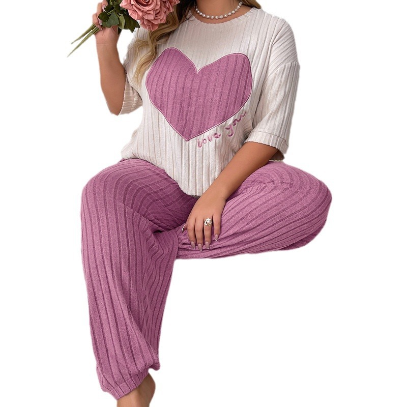 ChicShe European And American Style Round Neck Short Sleeve Long Pants Pajama Set For Women, Autumn New High-end Loose Heart_ecoleips.com