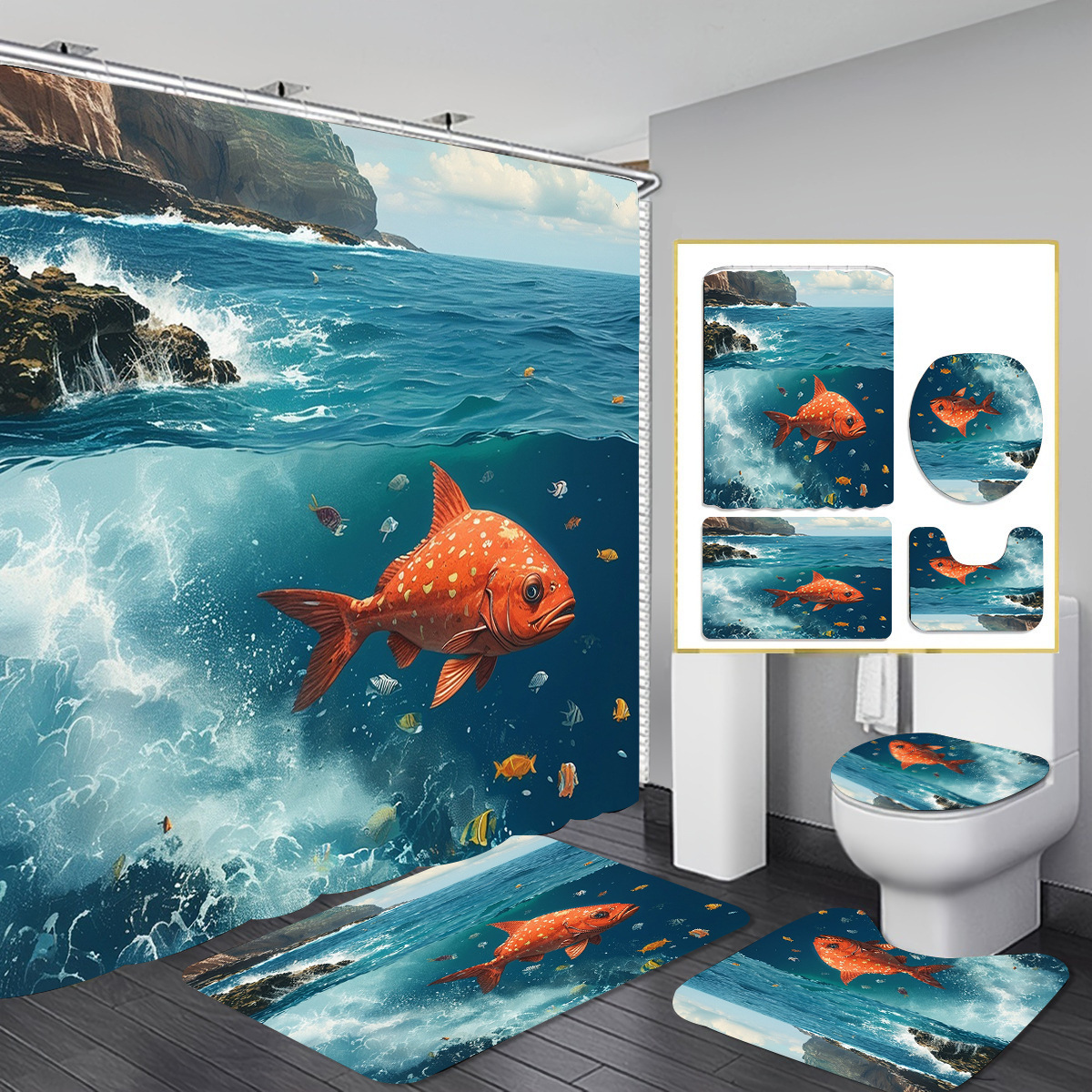 Fuente de fabricantes de cortina de baño transfronteriza de Navidad cuatro piezas cortina de partición de impresión digital vestido de baño