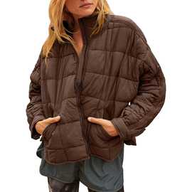 欧美跨境秋冬亚马逊女式立领夹克长袖全拉链轻质绗缝外套棉服时尚