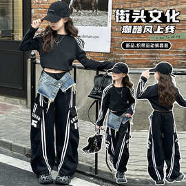 女童美式拼接牛仔拉条工装裤运动裤2025春季新款休闲宽松拖地裤子