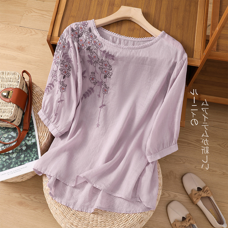 刺繍入りコットンとリネンの女性用半袖Tシャツ2025夏新作マザーズハイエンドリネンとラミールーズスリミングトップ|undefined