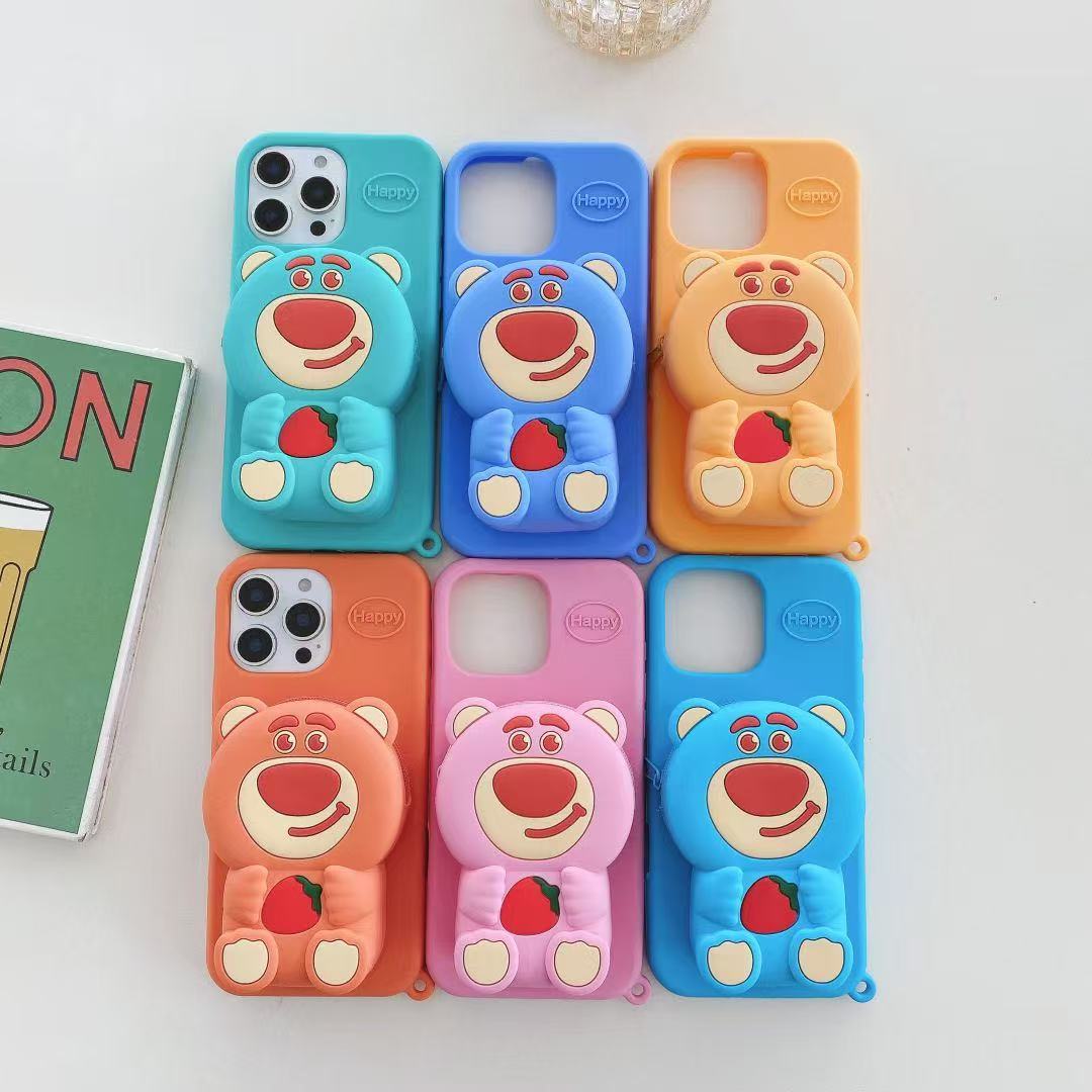 Suitable for Apple 17Pro Cute Cartoon 3D Silicone Strawberry Bear Zipper Wallet Data Cable Cosmetics Bag with Stand
