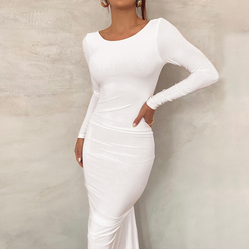 Pencil Skirt Elegant Elegant Temperament Private Clothing Socialite Round Neck Pullovers Pleated Hollow Out Long Sleeve Solid Color Maxi Long Dress display picture 8