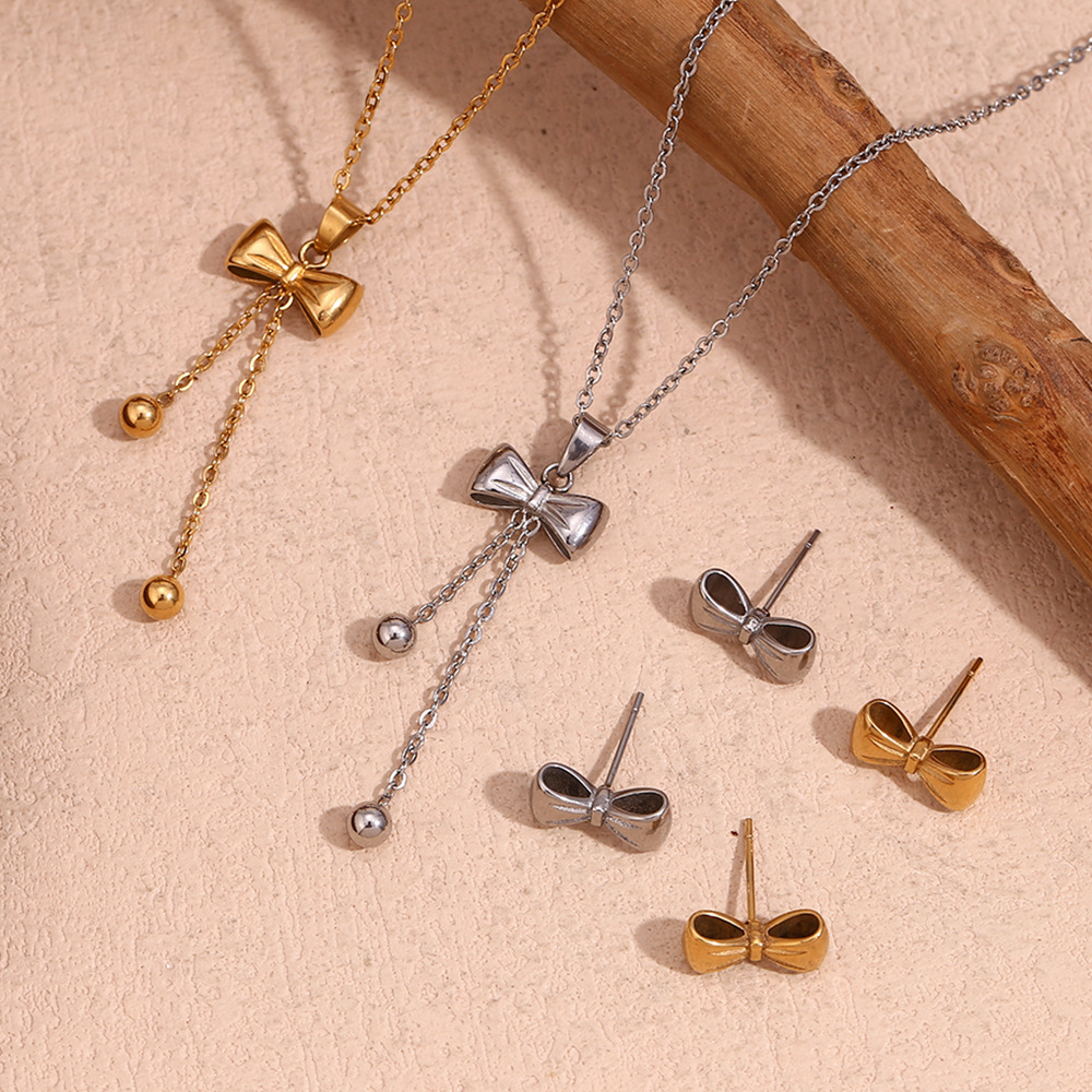 Plated 18K Gold Bow Knot Necklace Earrings Sets