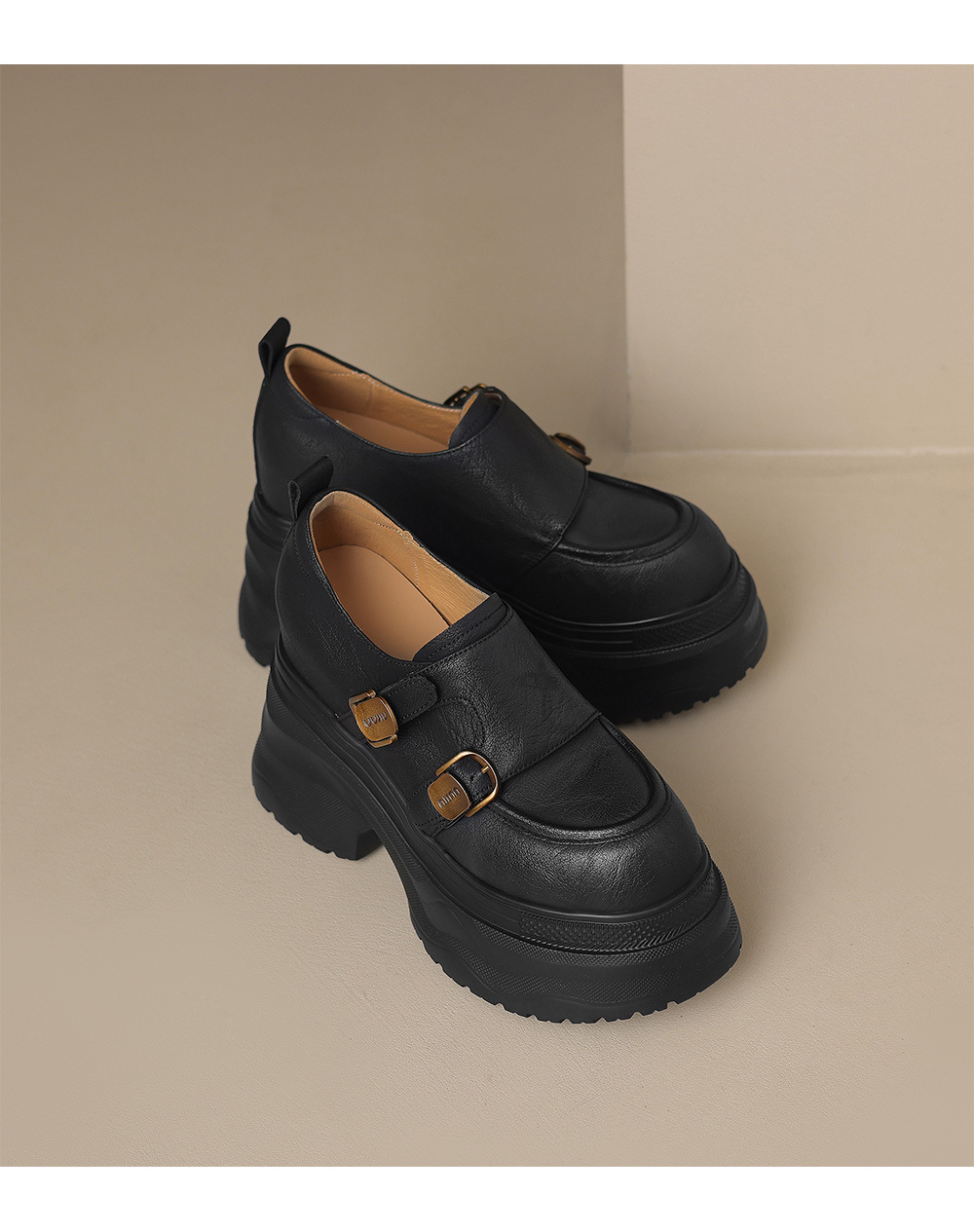 Giày loafer nữ đế xuồng cao 12 cm, miệng sâu cổ điển, khóa thắt lưng — Màu đen, Màu đen kaki chi tiết 17