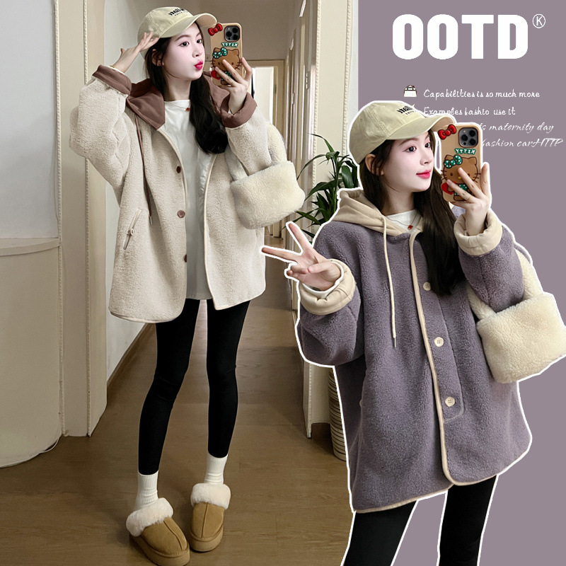 임산부 옷 가을 겨울 옷 플러스 벨벳 두꺼운 양털 후드 느슨한 코트 유행 엄마 겉옷 임산부 코트 투피스 슈트