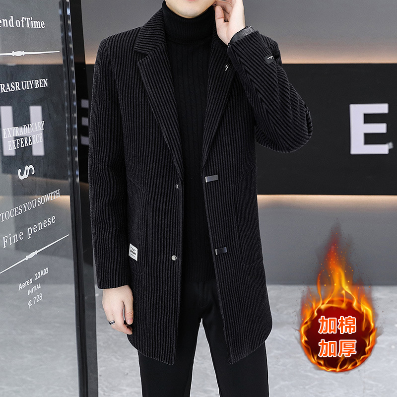 남자 더블 브레스트 모직 코트 가을과 겨울 누빔안감 모직 코트 남자 유행 중장 모직 코트