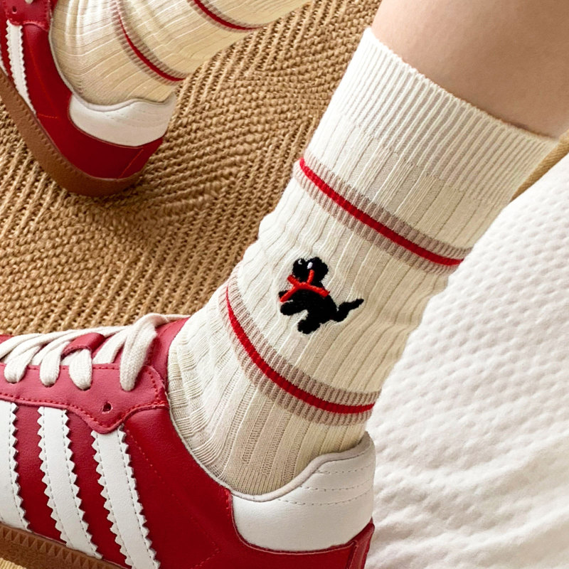 Women's socks, autumn and winter striped embroidered puppy design, double-needle cotton socks, versatile mid-calf socks, Korean-style cartoon slouch socks Women's socks, autumn and winter striped embroidered puppy design, double-needle cotton socks, versatile mid-calf socks, Korean-style cartoon slouch socks