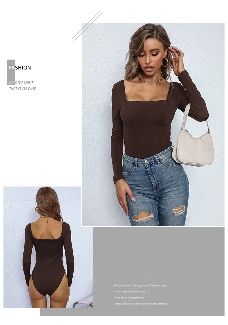 Solid Color Tight One-line Collar Pit Strip Knitted Jumpsuit_voghion.com