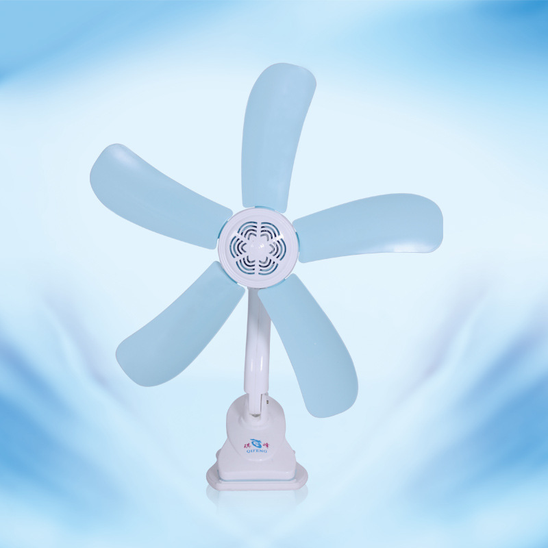 Manufacturer of small, portable electric fan with silent high wind power, designed for dormitory rooms featuring five-leaf hinged fans on a compact bed base.