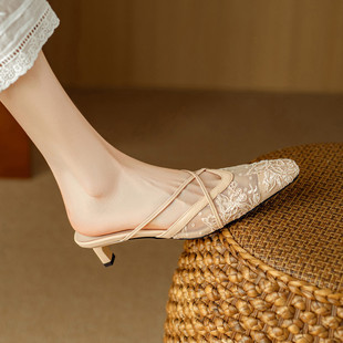 French Embroidered Toe-Cap Half Slippers for Women with Thick Heels for Summer Outer Wear Lace Mesh Genuine Leather Slip-On Sandals with Medium Heels