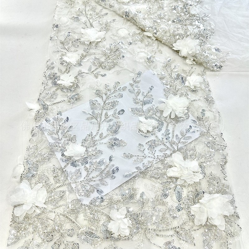 Nuevo estereoscópico manual decal tejido bordado sequilla perlas tejido bordado vestido de boda de moda tela de moda