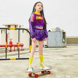架子鼓韩版露脐亮片女童爵士舞服装儿童街舞套装潮衣夏表演服订货