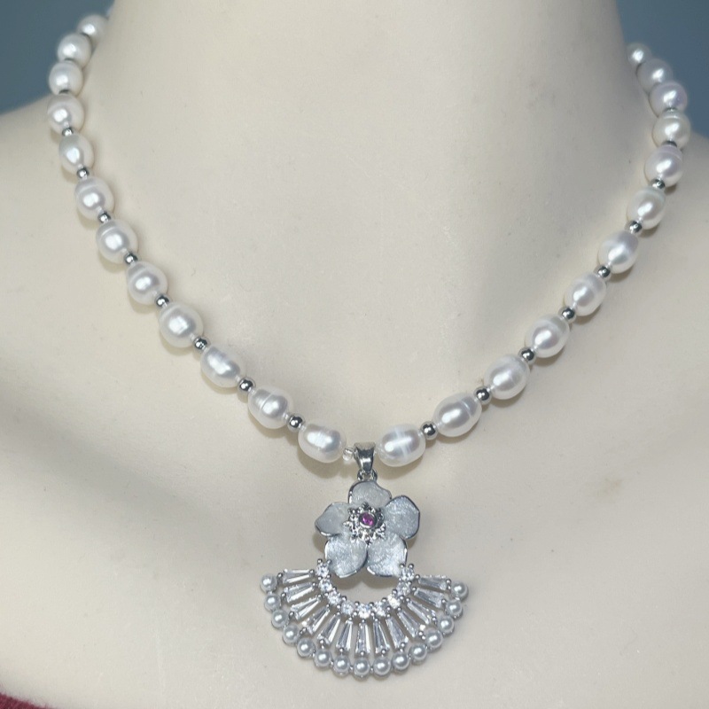 (2024 핫모델) 천연진주목걸이 로즈부채펜던트