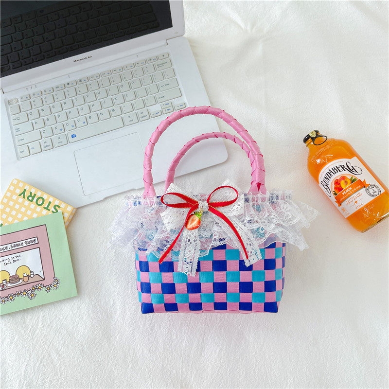 Al por mayor pastoral cesta de verduras niña los niños dibujos animados conejo fresco color tejido bolso la muchacha