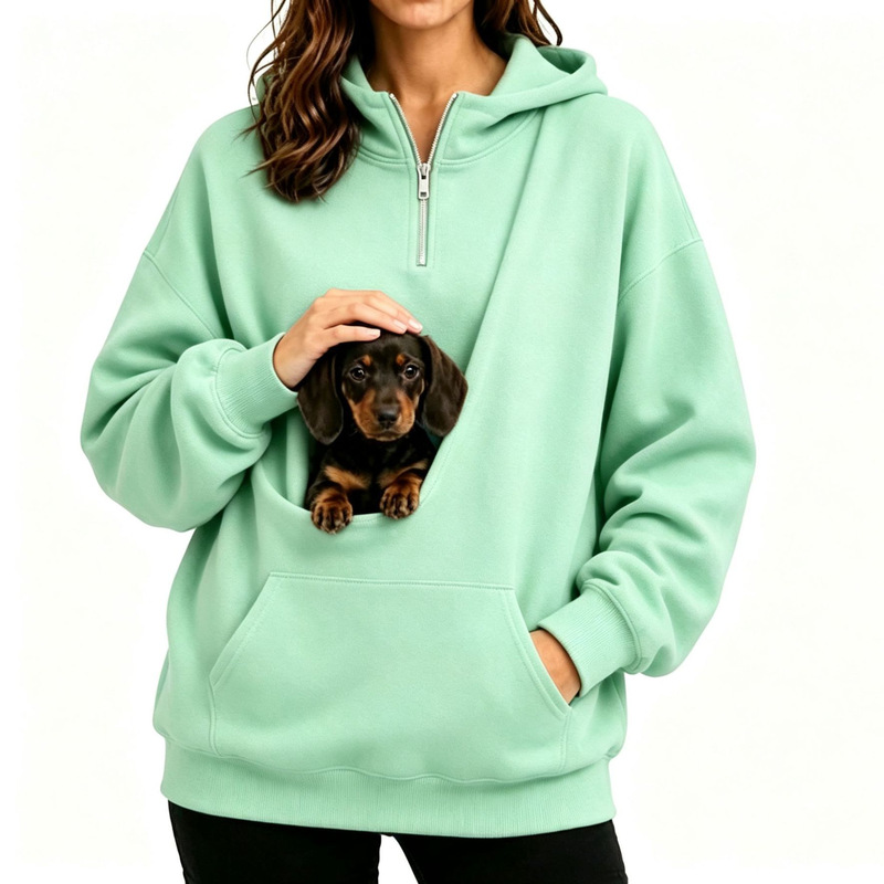 European and American style women's half-zip hooded sweatshirt with a pet pocket, suitable for small dogs, loose-fitting autumn and winter top European and American style women's half-zip hooded sweatshirt with a pet pocket, suitable for small dogs, loose-fitting autumn and winter top