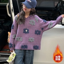 女童冬装韩版提花加厚连帽毛衣2025新款女孩冬款宽松休闲保暖上衣