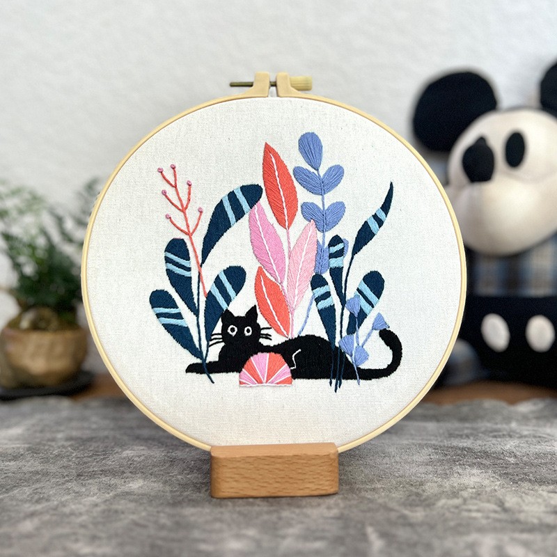Flor gato traje colgante pintura Lu bordado dibujos animados animal inglés novato bolsa bordado DIY material bolsa salón colgante hecho a mano