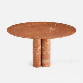 珊瑚红意式极简天然大理石圆形现代简约创意轻奢北欧天然奢石餐桌