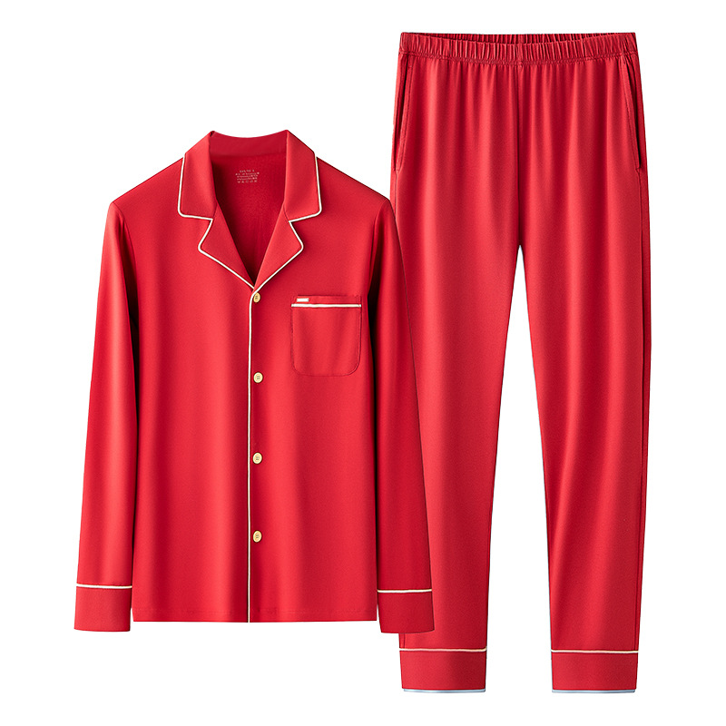 Nuevo estilo transfronterizo 60 algodón Mo pareja recién casada gran año rojo cardigan pantalones de manga larga traje de servicio a domicilio en stock